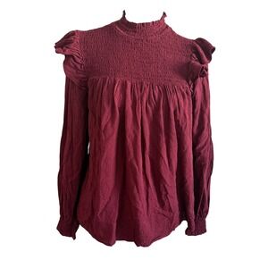 Knox Rose Womens Burgundy Smocked Blouse M Boho Peasant Cottagecore Modest